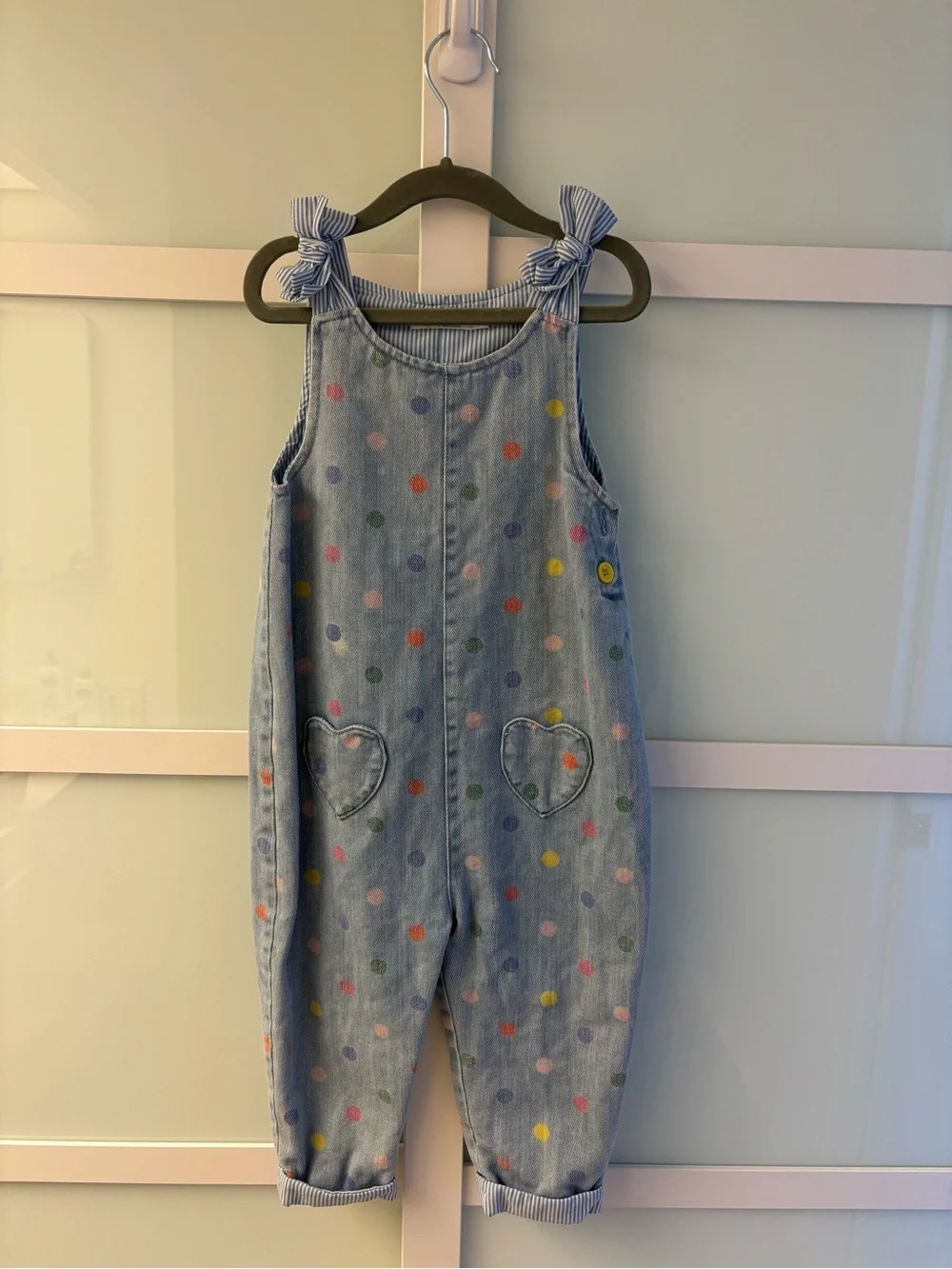 Mini Boden Light Blue Denim Polka Dot Tie-Shoulder Overalls